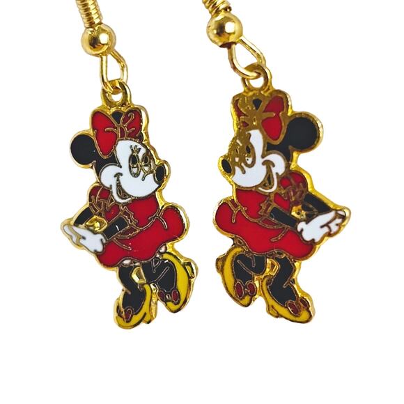 Vintage Minnie Mouse Dangle Earrings Red Dress Gold-Toned Taiwan - Picture 1 of 11